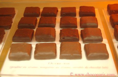 On the chocolate shelf at Pierre Hermé's shop on rue Bonaparte chocolate squares