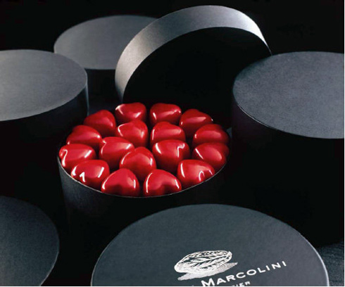 Box of red chocolate hearts, by Pierre Marcolini